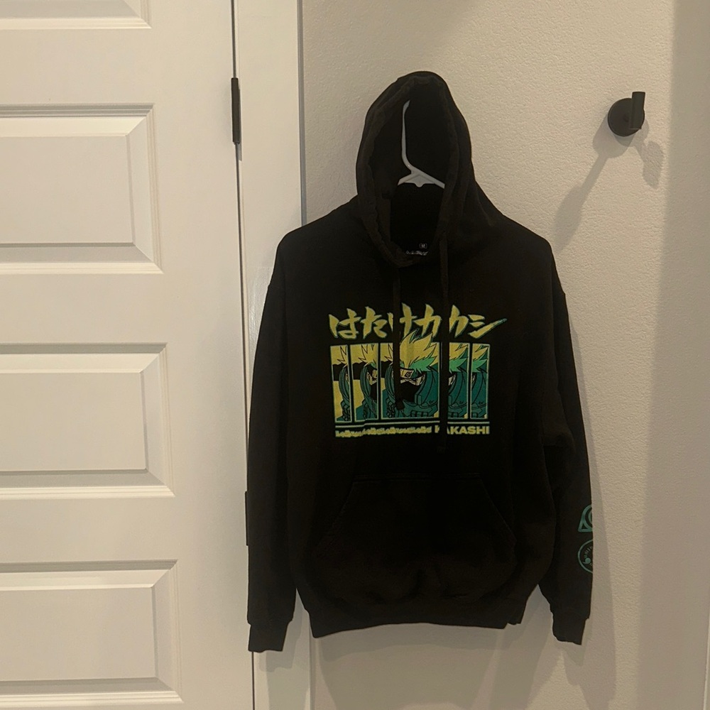 EUC Men’s Naruto Kakashi Character Black Hoodie Hoody Sweatshirt Green Graphic